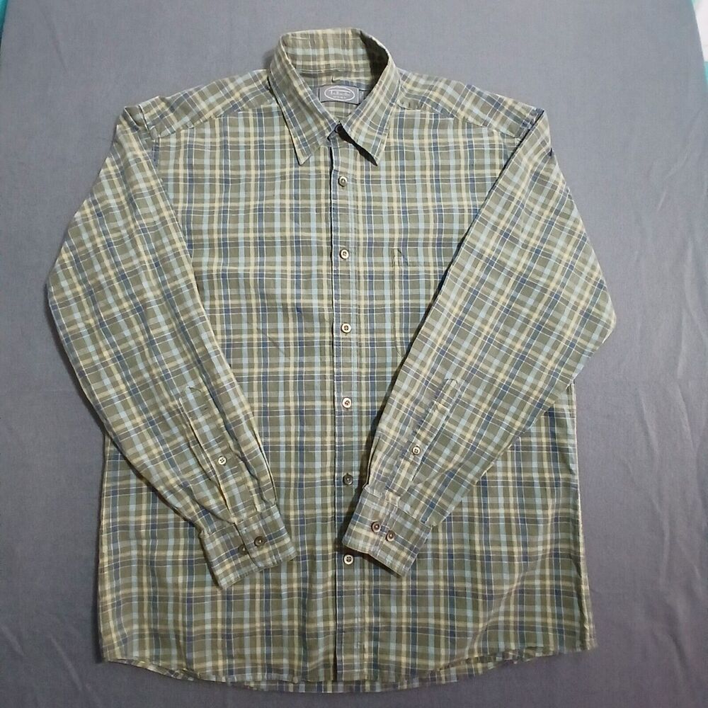 Talbots Dress Shirt Men M Green Plaid Button Up Long Sleeve Office
